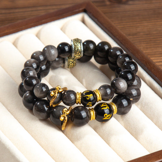 Black Myth Wukong Silver Obsidian Bracelet Six Words Proverbs Lovers Men And Women Beaded Foreign Trade Bracelet