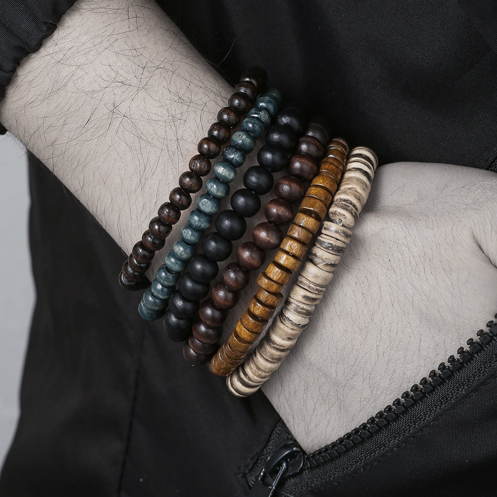 New Coconut Shell Wood Multi-layer Stacked Wear Bracelet Retro Men's Turquoise Beaded Bracelet