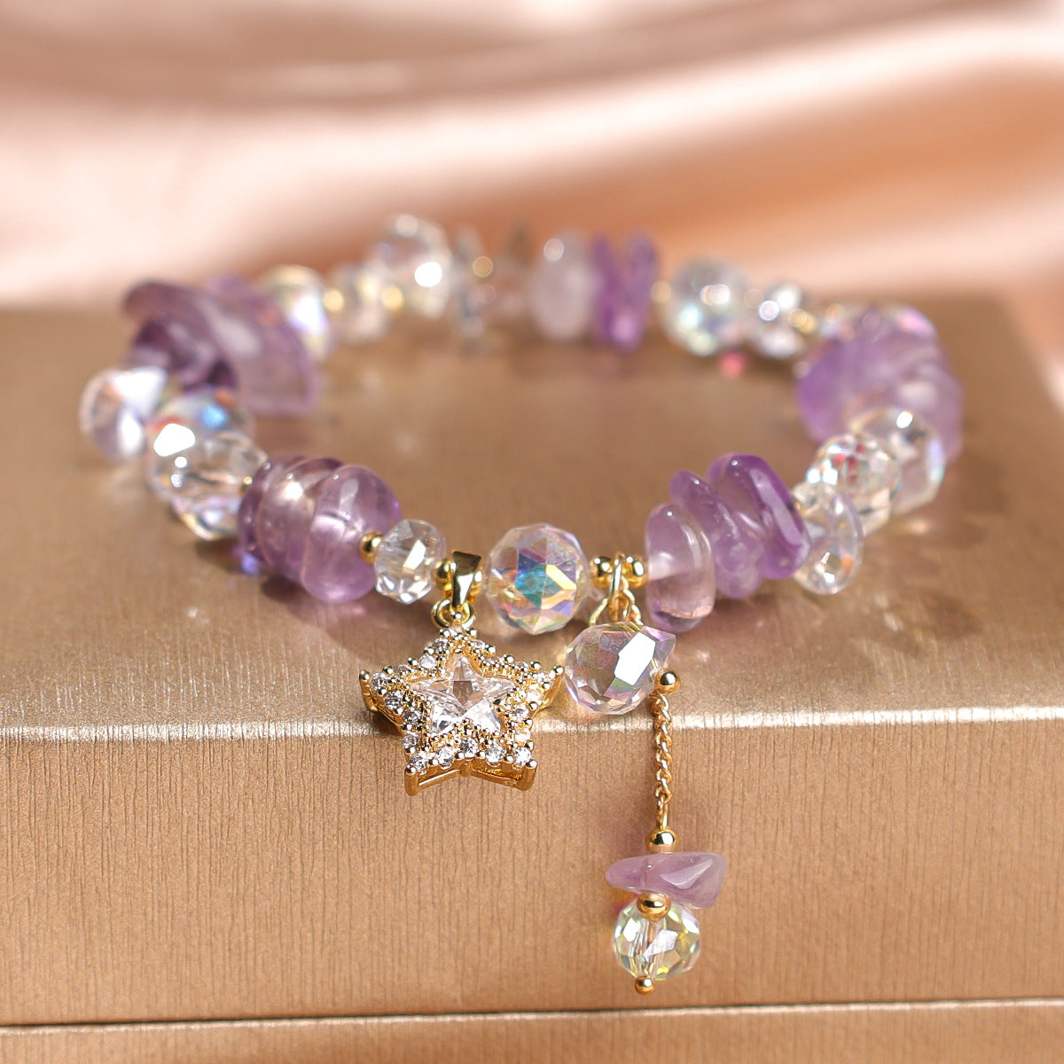 Fashion Amethyst Bracelet Five-pointed Star Four-leaf Clover Zircon Pendant Beaded Bracelet