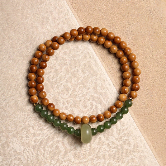 Mountain Green Style High Polish Kukui Nut With Hetian Jade Double Loop Bracelet
