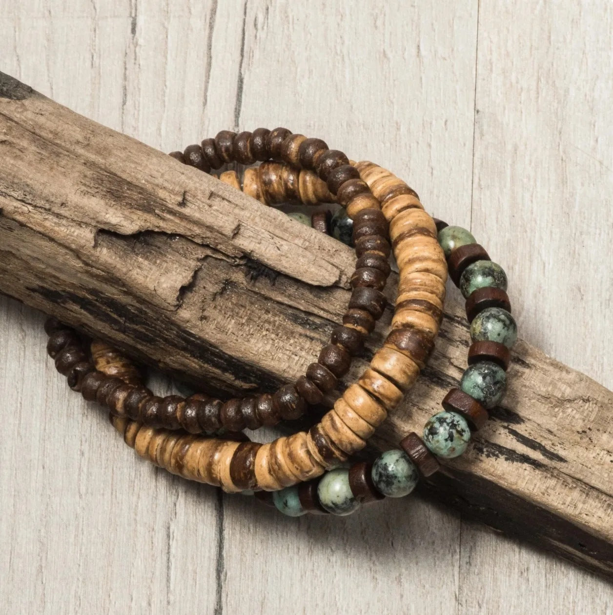 New Coconut Shell Wood Multi-layer Stacked Wear Bracelet Retro Men's Turquoise Beaded Bracelet