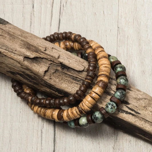 New Coconut Shell Wood Multi-layer Stacked Wear Bracelet Retro Men's Turquoise Beaded Bracelet