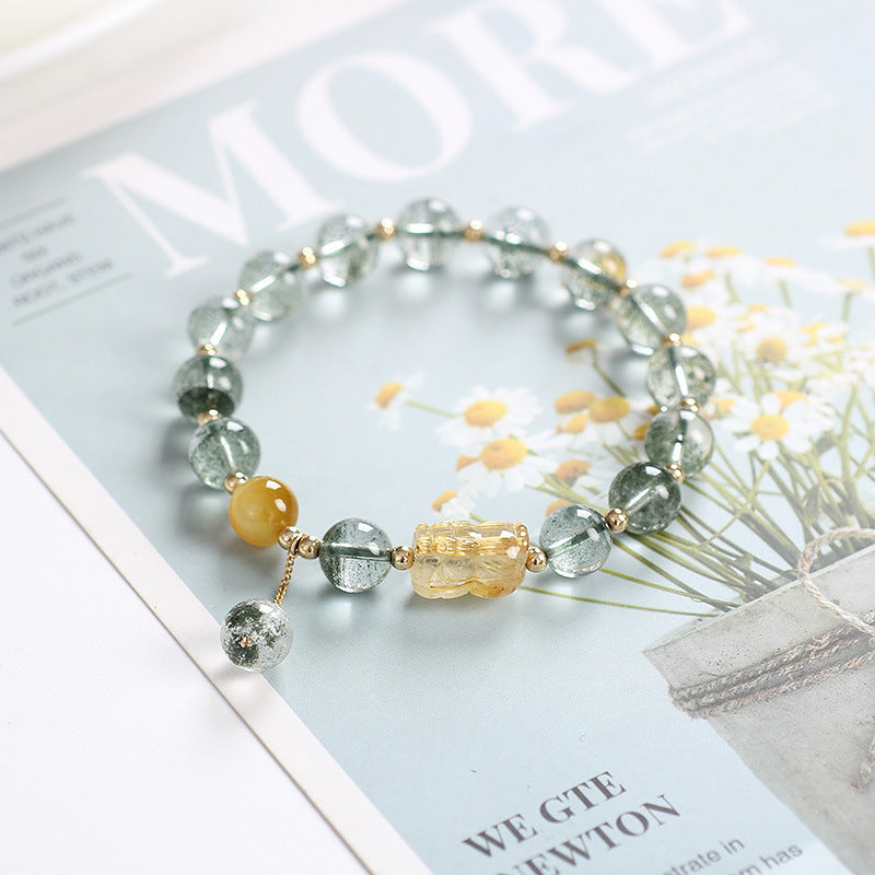 Green Phantom & Golden Rutilated Quartz Pixiu Gold-Plated Crystal Bracelet - Buddha Blessing You