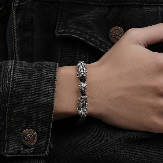 Original s999 Sterling Silver Lucky Nafu Pi Xiu Hand Rope Men's Chinese Retro Style All-match DIY Handmade Woven Jewelry