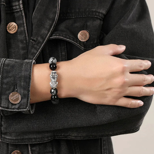Sterling Silver Bracelet Natural Obsidian Volcanic Stone Foot Silver Bracelet Men's Retro Fashion High-end Jewelry