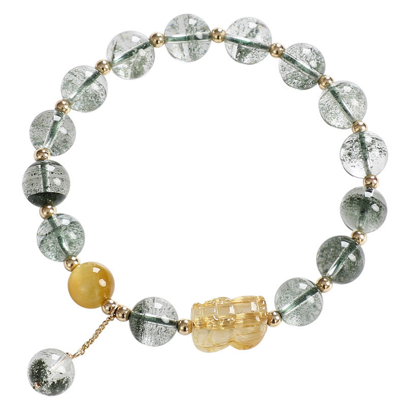 Green Phantom & Golden Rutilated Quartz Pixiu Gold-Plated Crystal Bracelet - Buddha Blessing You