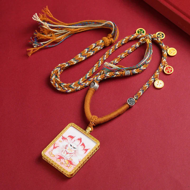 Golden Tibetan Nine Tailed Fox Wealth Deity Thangka Art Necklace Pendant - Buddha Blessing You