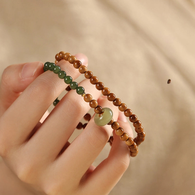Mountain Green Style High Polish Kukui Nut With Hetian Jade Double Loop Bracelet