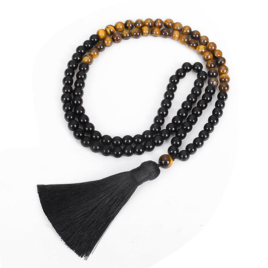 108 Tiger Eye Stone Yoga Necklace With Fringe Pendant
