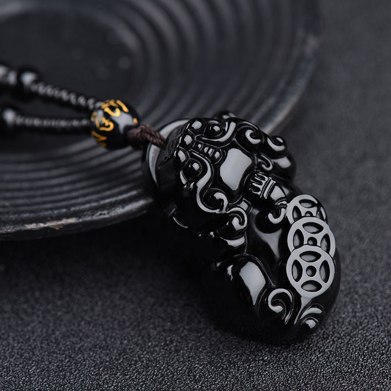 Black Obsidian Pixiu Pendant Necklace With Three Coin Design