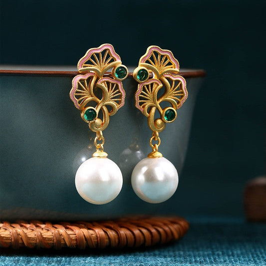 National Fashion Ancient Gold-Plated Pearl Ginkgo Leaf Stud Earrings Fashionable All-Match Mid-Ancient Earrings