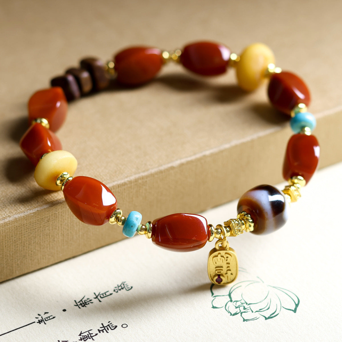 Original South Red Agate Beaded Bracelet With Lapis Lazuli Jasper And Incense Wood