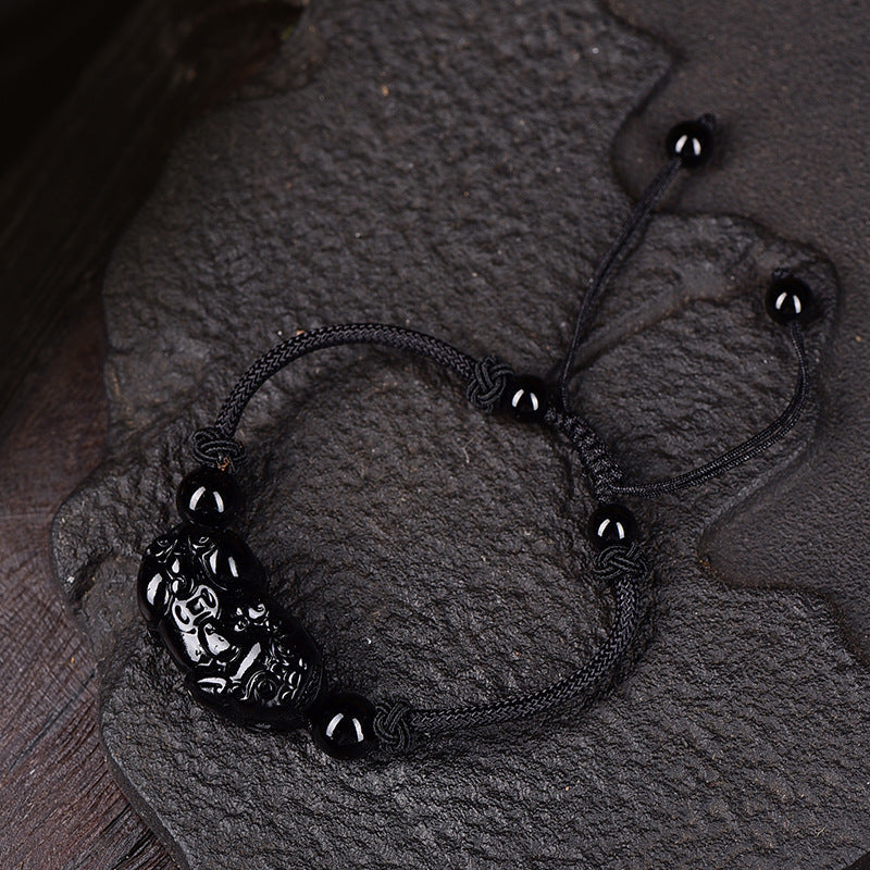Natural Black Obsidian Pixiu Necklace And Bracelet Set Handwoven