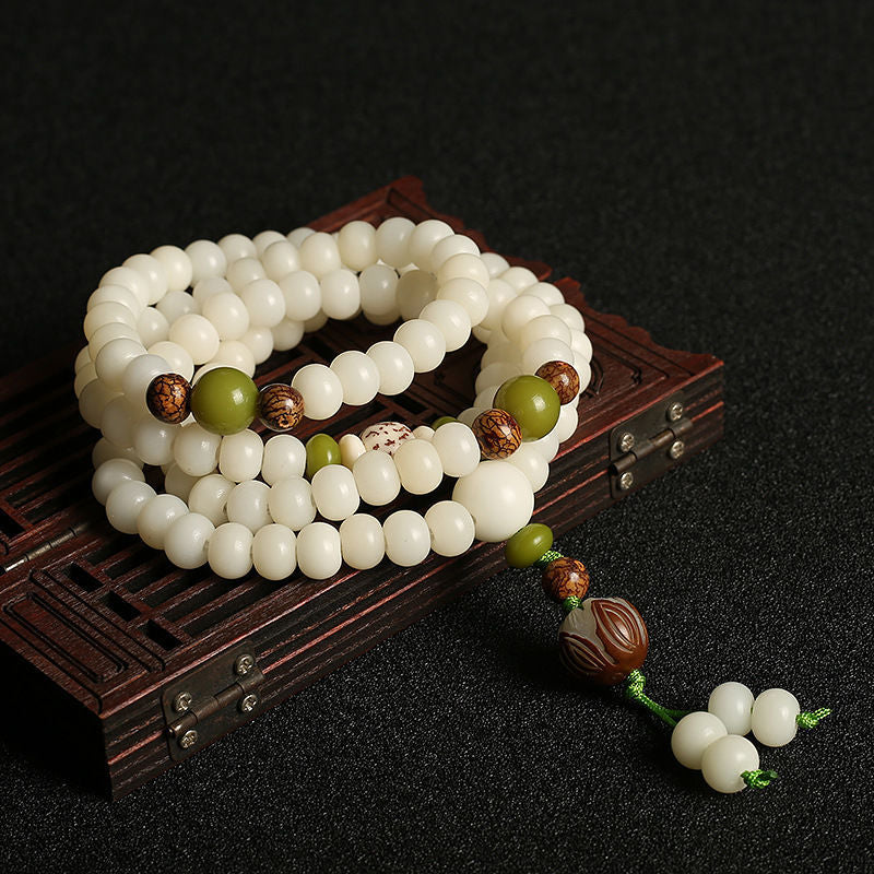 Natural White Bodhi Seed 108 Beads Buddhist Mala Necklace With Lotus