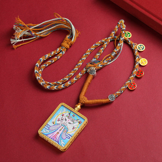 Gold Pendant Tibetan Nine-tailed Fox Yellow God of Wealth Past and Present Hand-painted Thangka Gawu Box Necklace Pendant