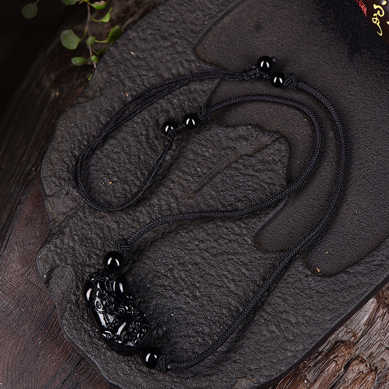 Natural Black Obsidian Pixiu Necklace And Bracelet Set Handwoven