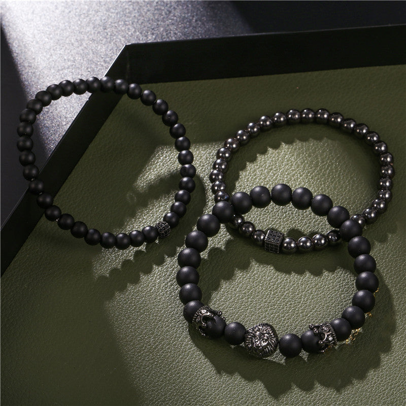 Jewelry Fashion Vintage Black Frosted Bracelet Zircon Crown Diamond Ball Dice Lion Head Beads Bracelet Suit