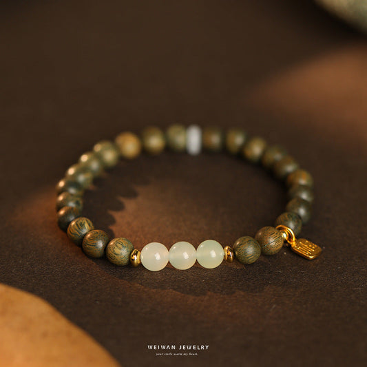 "Tan Wang Qing" Natural Green Sandalwood Bracelet Female and Bracelet Niche Antique Gift Accessories