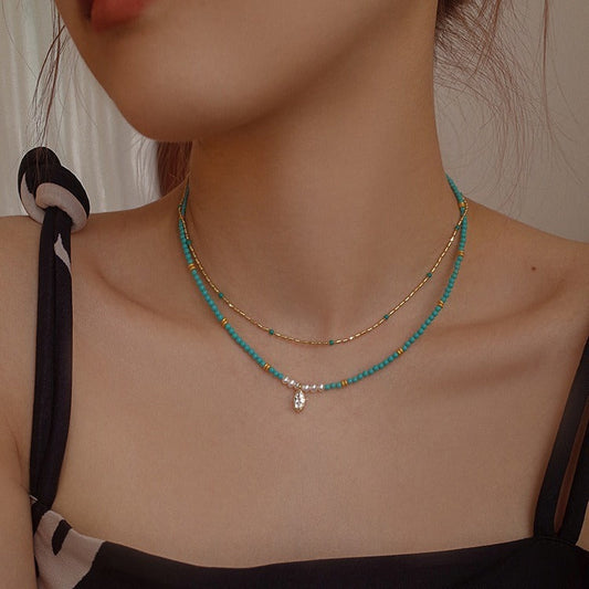 Magnesite Turquoise Necklace Women's All-match High-end Sense Niche Summer Clavicle Chain Beaded