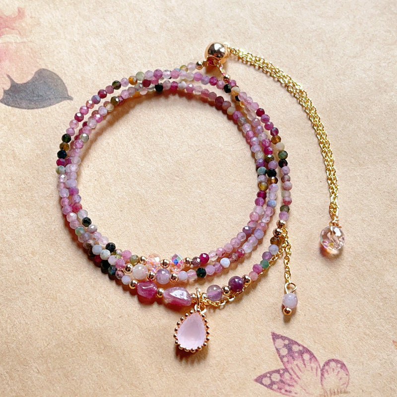 Pink Crystal Rainbow Tourmaline Heart Pendant Necklace And Three Circle Beaded Bracelet - Buddha Blessing You