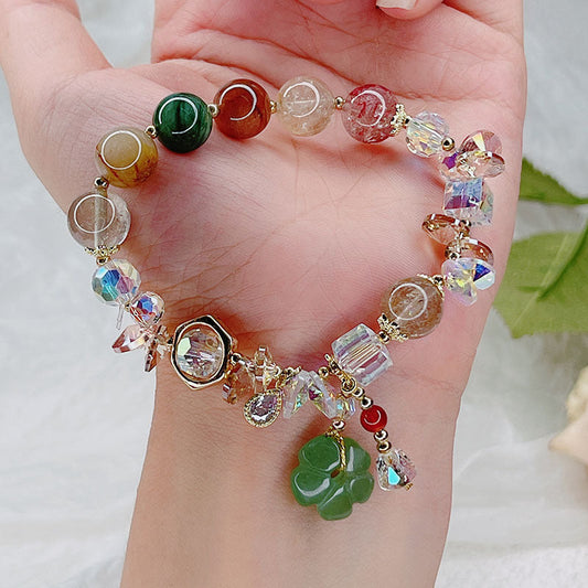 Vintage Ethnic Green Dongling Jade Crystal Flower Bracelet