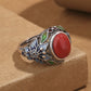Retro South Red Agate Silk Burning Blue Ring Female Palace Style Flower Female Open Mouth Adjustable Ring