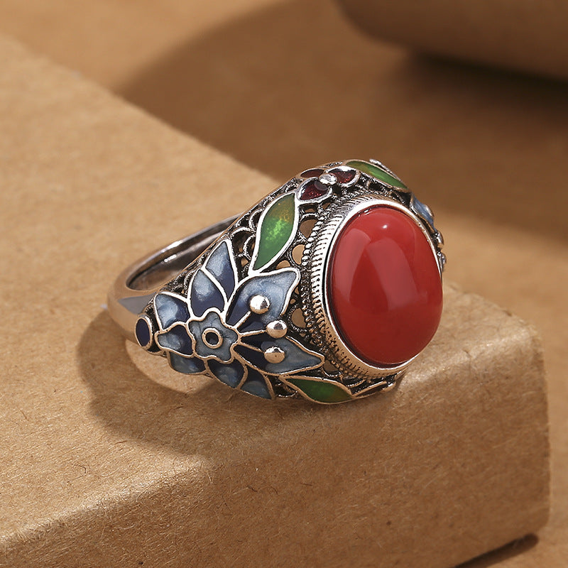 Retro South Red Agate Silk Burning Blue Ring Female Palace Style Flower Female Open Mouth Adjustable Ring