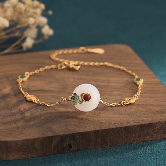 New Gold-plated Imitation Hetian Jade Safety Buckle Bracelet Grilled Blue Craft Inlaid Copper Gold-plated Palace Retro Style Bracelet