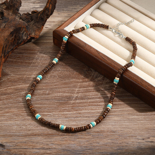 Summer Beach Bohemian Wood Chip Coconut Shell Necklace Men's Surfing Necklace Simple Tribal Stainless Steel Necklace