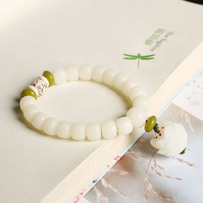 Natural White Bodhi Seed 108 Beads Buddhist Mala Necklace With Lotus