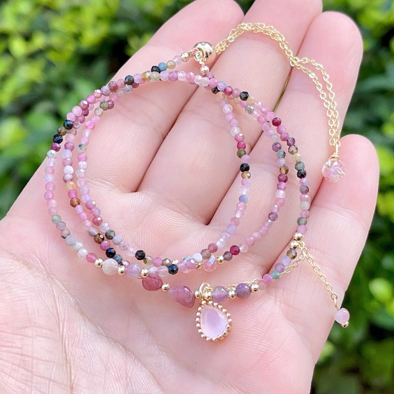 Pink Crystal Rainbow Tourmaline Heart Pendant Necklace And Three Circle Beaded Bracelet - Buddha Blessing You
