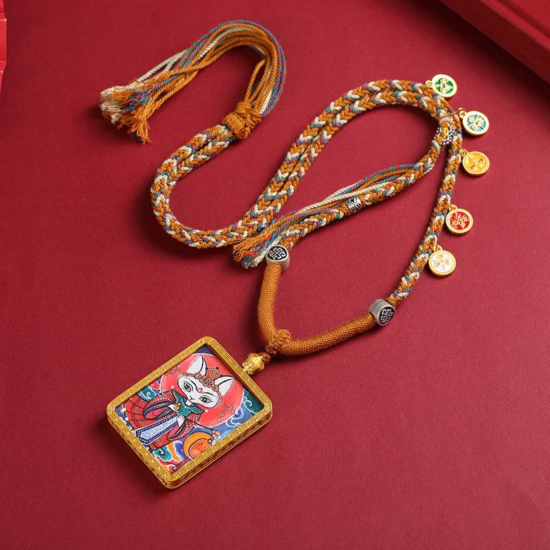 Golden Tibetan Nine Tailed Fox Wealth Deity Thangka Art Necklace Pendant - Buddha Blessing You