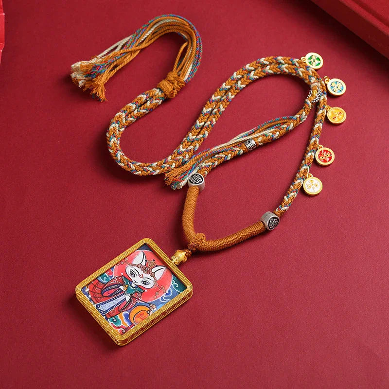 Golden Tibetan Nine Tailed Fox Wealth Deity Thangka Art Necklace Pendant - Buddha Blessing You