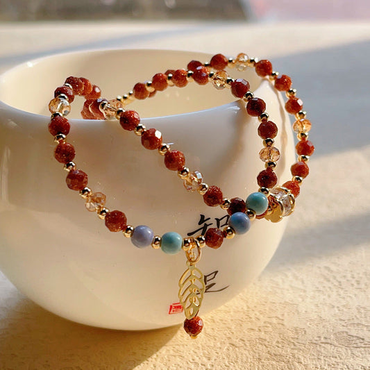 National Style Red Gold Sandstone Double Circle Glitter Bracelet