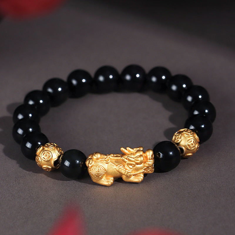 999 Silver Pi Xiu Black Agate Cat Eye Stone Beaded Bracelet