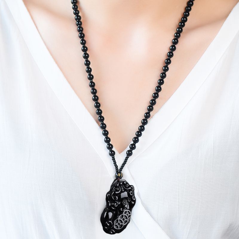 Black Obsidian Pixiu Pendant Necklace With Three Coin Design