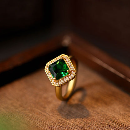 Vergoldeter Seiko Smaragd-Ring mit quadratischem Diamanten, eleganter offener Ring im Luxus-Stil mit Volldiamanten