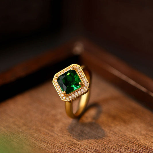 Gold Plated Seiko Emerald Square Diamond Ring Light Luxury Style Elegant Full Diamond Open Ring