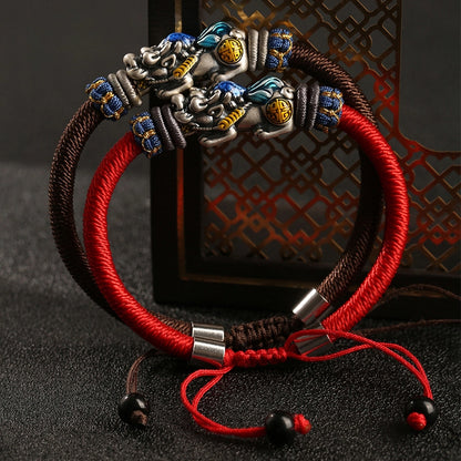 Handgemachtes, verstellbares Pixiu-Armband aus Silber mit Drachenknoten und glückverheißender Bedeutung