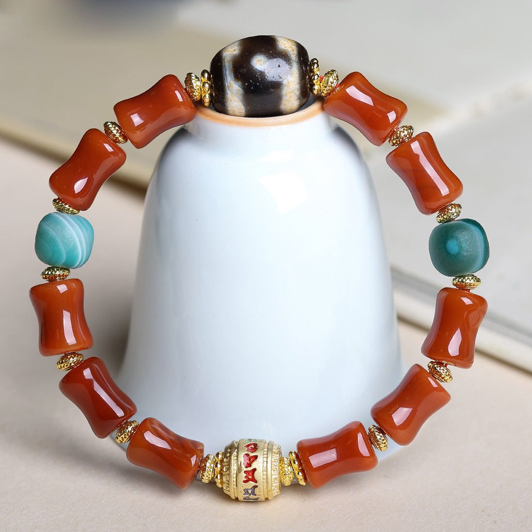 Original South Red Agate Beaded Bracelet With Lapis Lazuli Jasper And Incense Wood