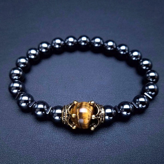 Fashionable Luxury Alloy Crown Tiger Eye Stone Beaded Bracelet
