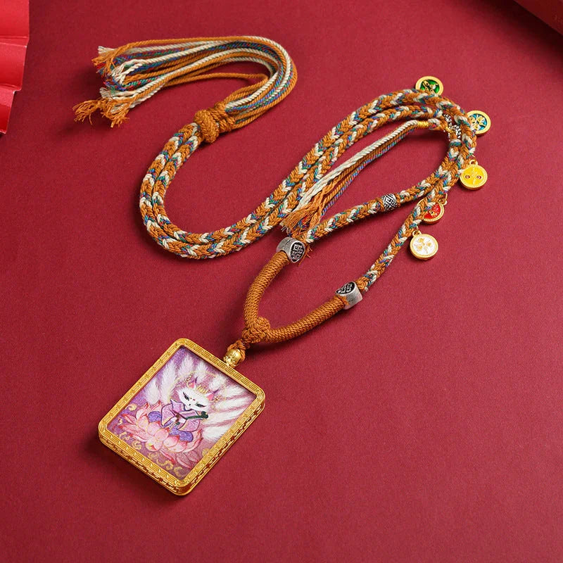 Golden Tibetan Nine Tailed Fox Wealth Deity Thangka Art Necklace Pendant - Buddha Blessing You