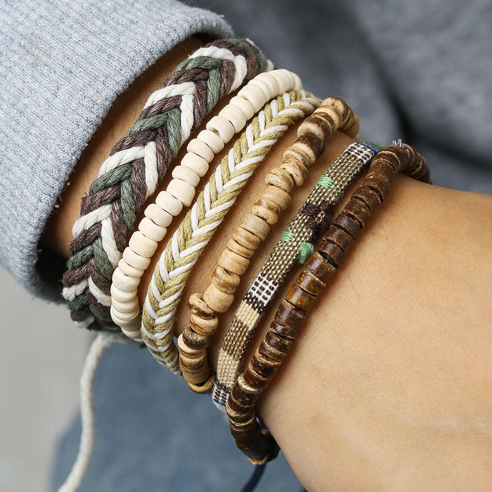 New Coconut Shell Wood Multi-layer Stacked Wear Bracelet Retro Men's Turquoise Beaded Bracelet