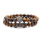 Tiger Eye Stone Copper Micro Inlaid Elastic Bracelet With Black Matte Zircon Balls Punk Style Two Piece Set