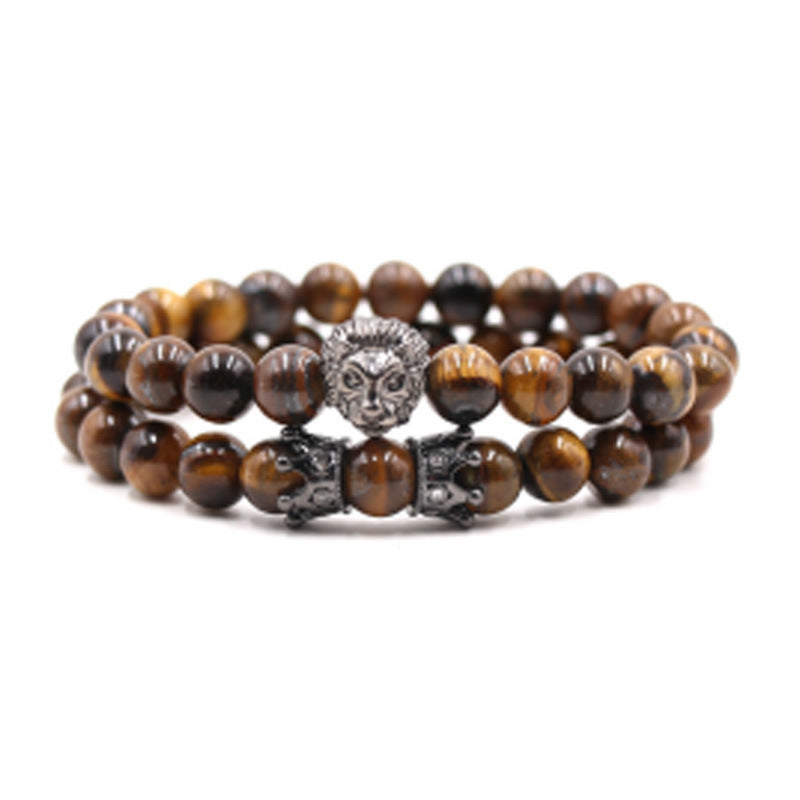 Tiger Eye Stone Copper Micro Inlaid Elastic Bracelet With Black Matte Zircon Balls Punk Style Two Piece Set