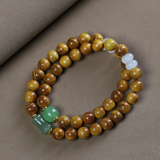 Goldenes Sandelholz-Armband mit doppelter Schlaufe und Lotus-Jade-Holz-Gebetsperlen