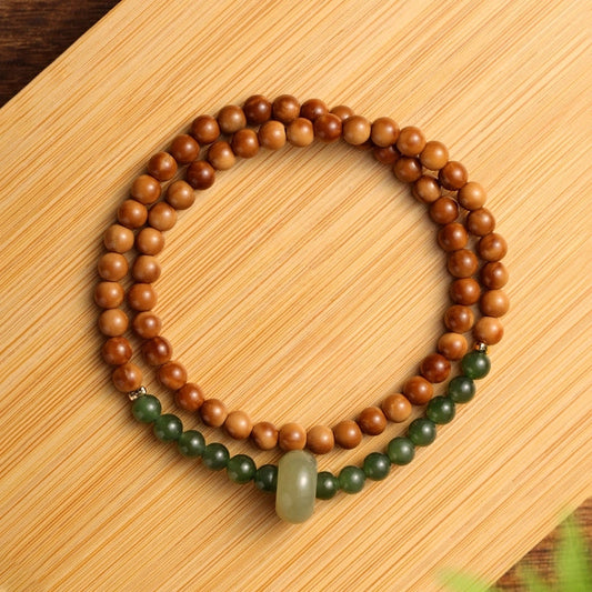 Mountain Green Style High Polish Kukui Nut With Hetian Jade Double Loop Bracelet