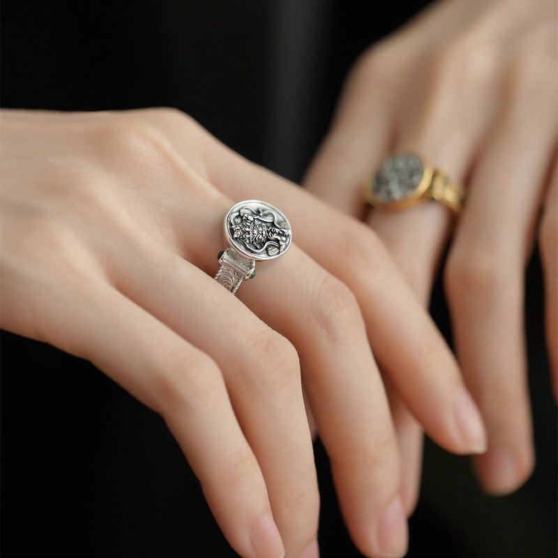 Tibetan Tang Grass Pattern Green Zircon Ring Female Fashion Personality Trend All-Match Ring
