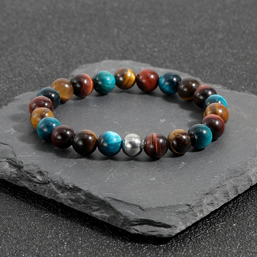 Handgewebtes buddhistisches Armband aus Tigerauge-Naturstein mit Stretchperlen