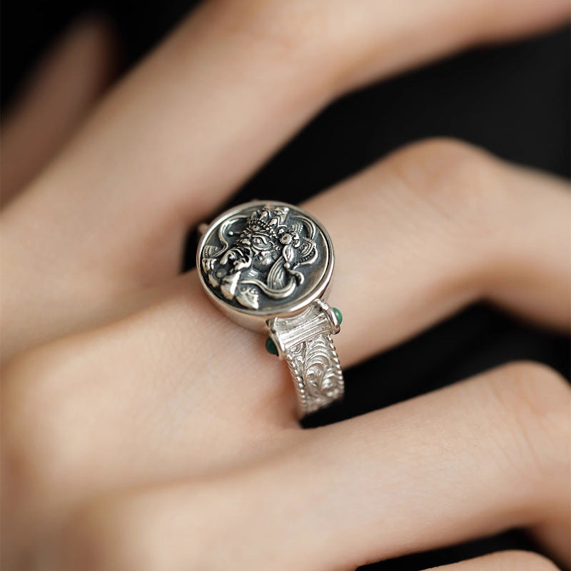 Tibetan Tang Grass Pattern Green Zircon Ring Female Fashion Personality Trend All-Match Ring